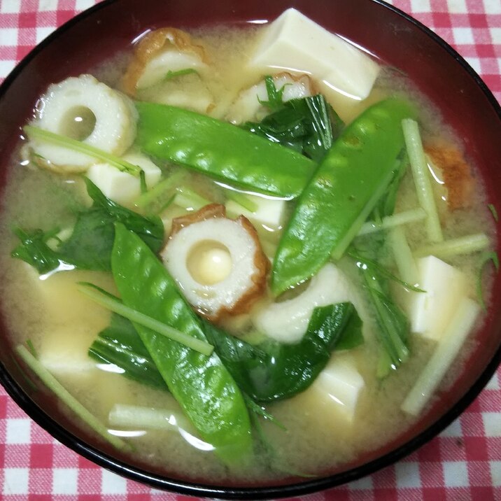 ちくわと絹さやと豆腐と水菜の味噌汁☆